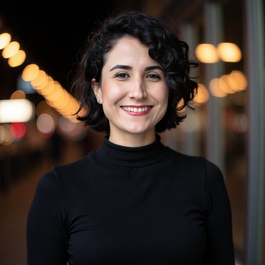 Sahar Cane smiling, wearing a black turtleneck